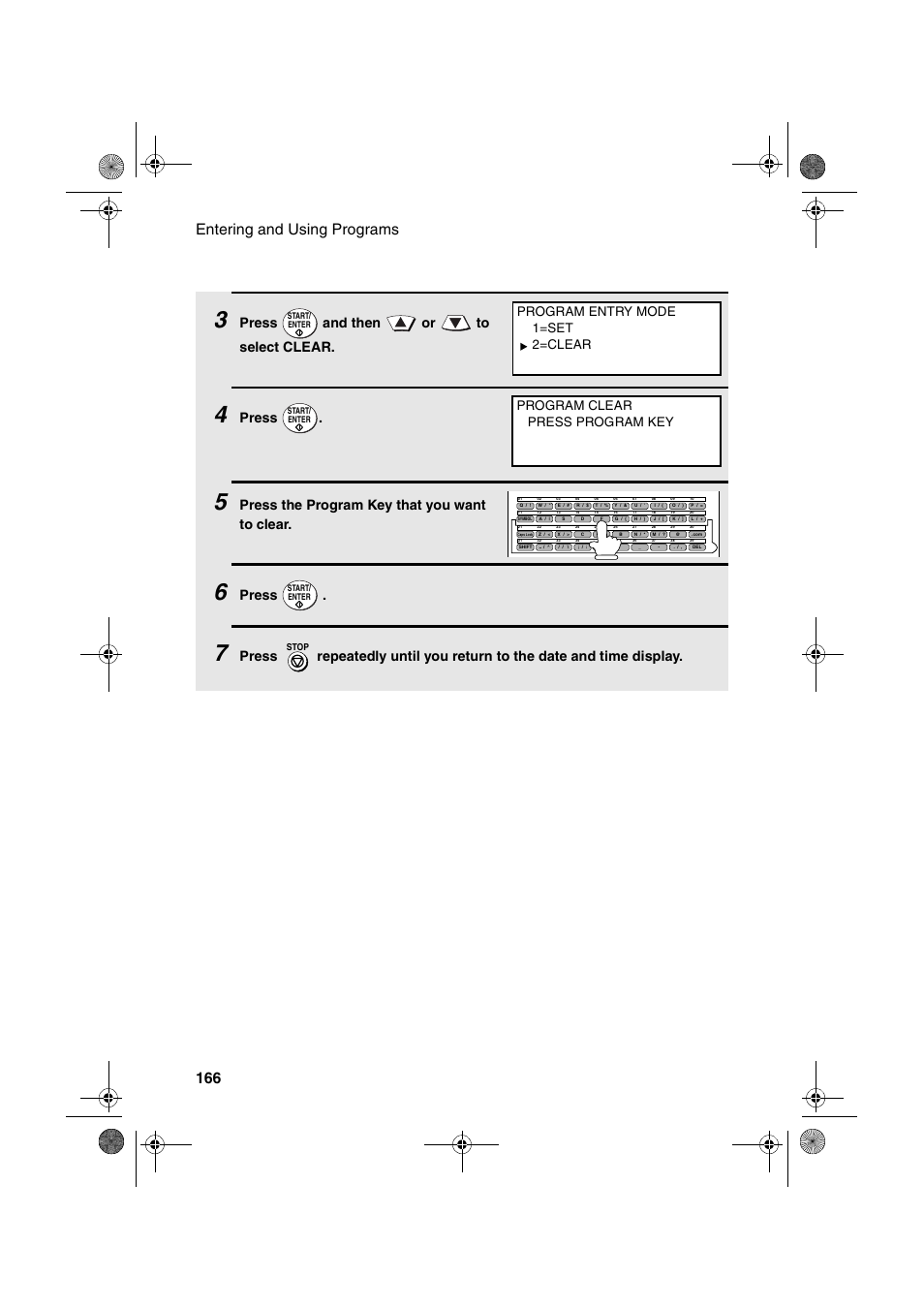 Entering and using programs 166, Press and then or to select clear, Press | Press the program key that you want to clear | Sharp FODC600 User Manual | Page 168 / 220