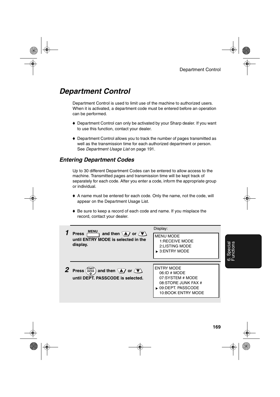 Department control, Entering department codes | Sharp FODC600 User Manual | Page 171 / 220
