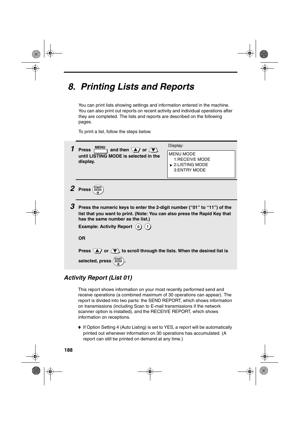 Printing lists and reports, Activity report (list 01) | Sharp FODC600 User Manual | Page 190 / 220