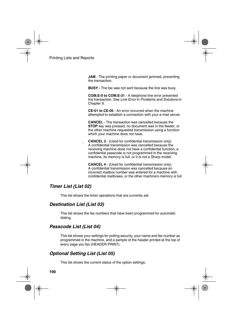 Timer list (list 02), Destination list (list 03), Passcode list (list 04) | Optional setting list (list 05) | Sharp FODC600 User Manual | Page 192 / 220