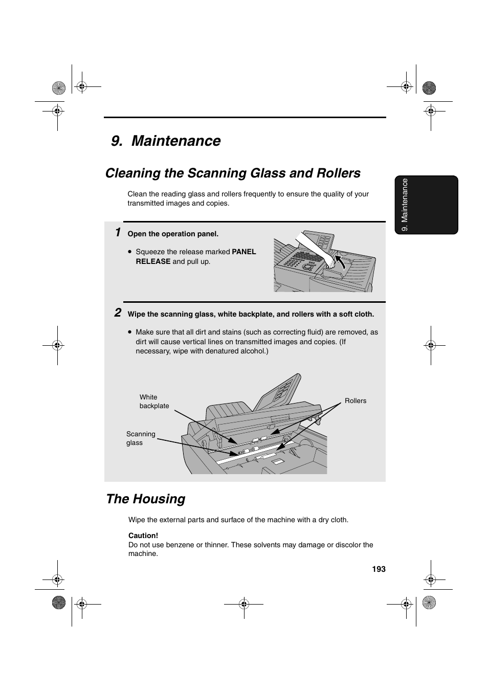 Maintenance, Cleaning the scanning glass and rollers, The housing | Sharp FODC600 User Manual | Page 195 / 220