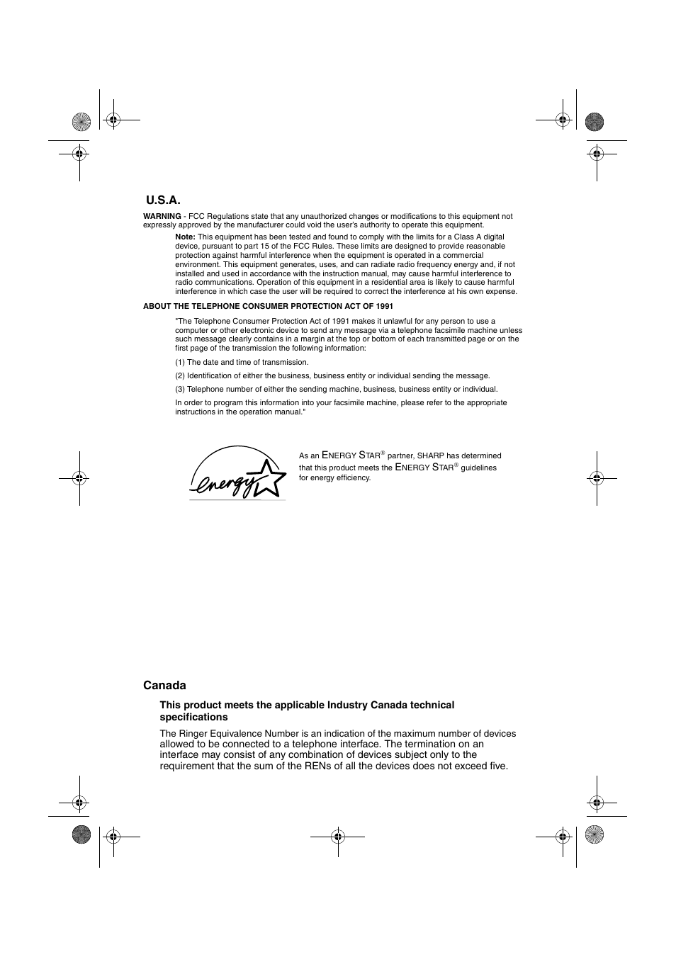 U.s.a. canada | Sharp FODC600 User Manual | Page 2 / 220