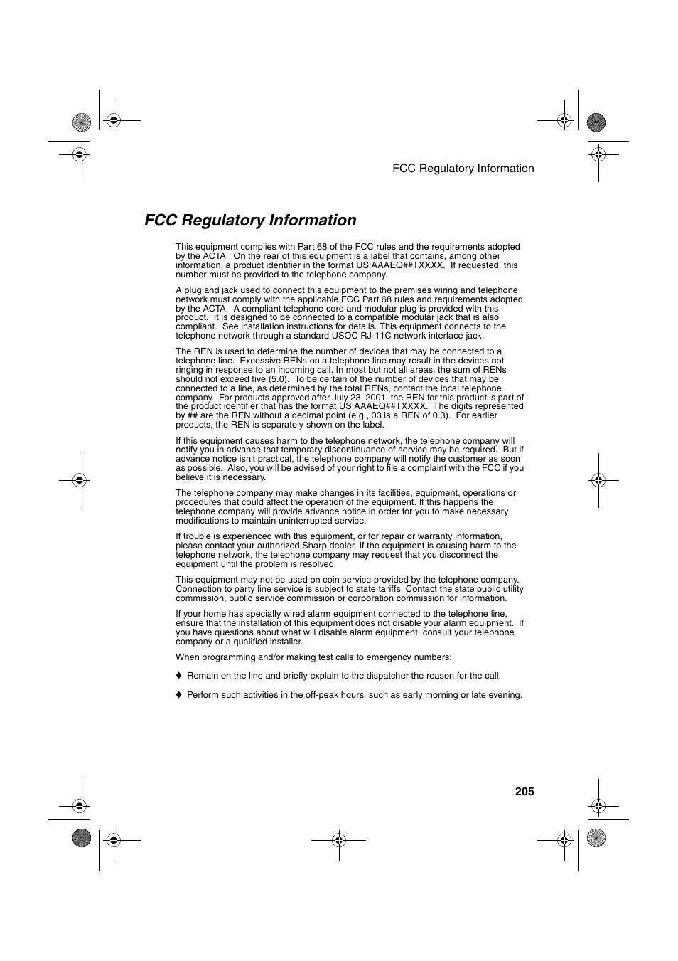 Fcc regulatory information | Sharp FODC600 User Manual | Page 207 / 220