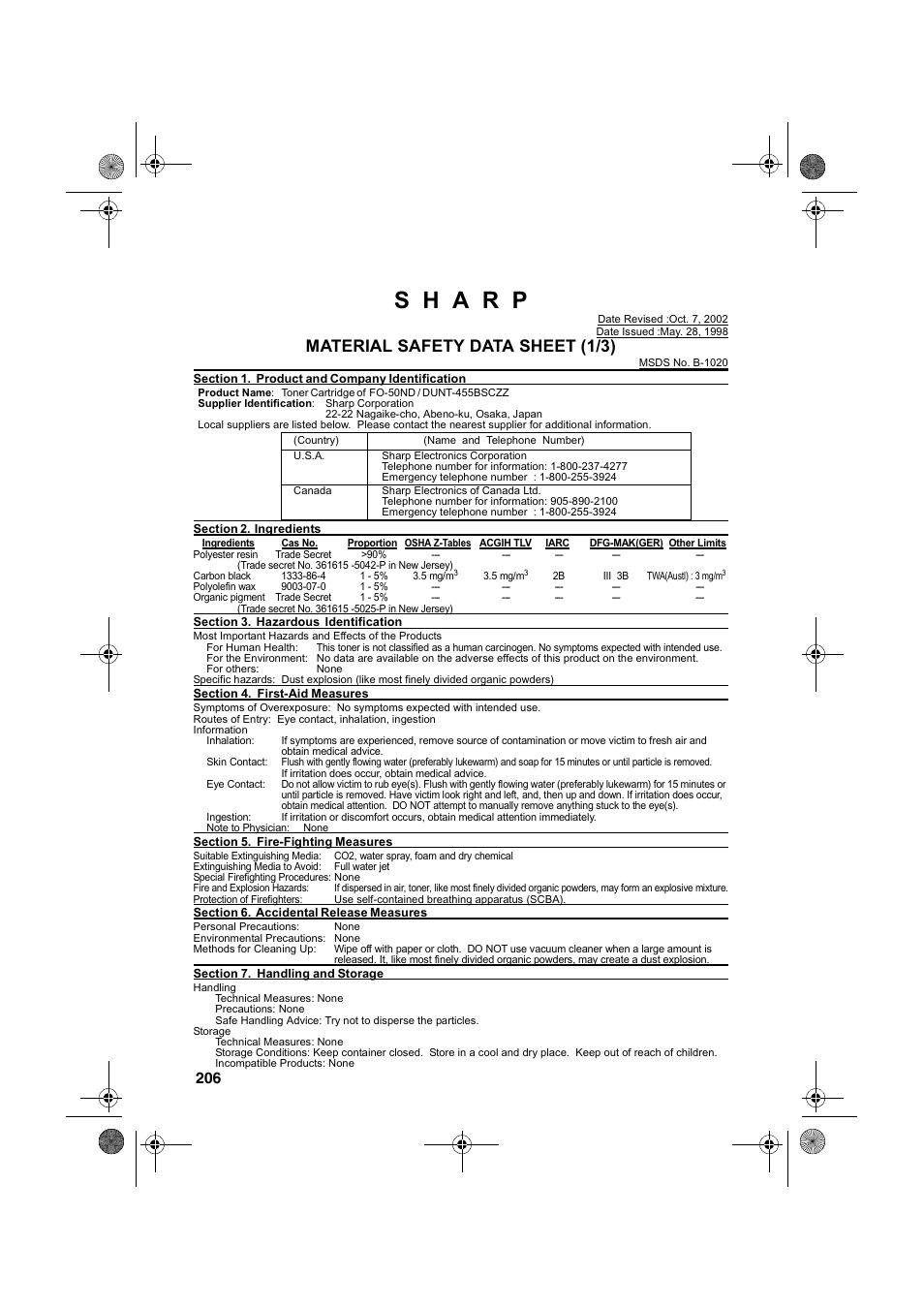 Material safety data sheet (1/3) | Sharp FODC600 User Manual | Page 208 / 220