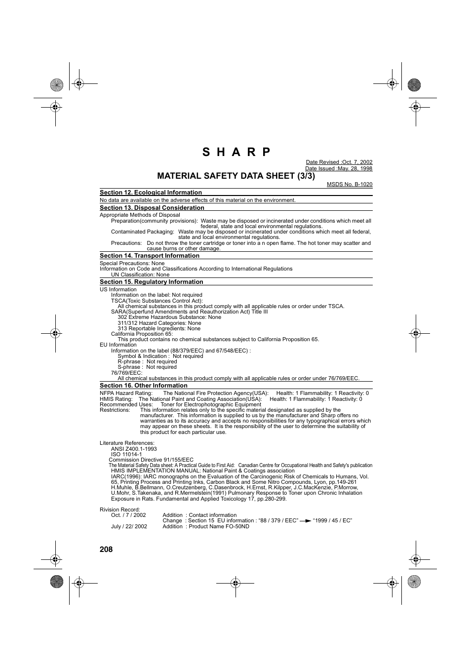 Material safety data sheet (3/3) | Sharp FODC600 User Manual | Page 210 / 220