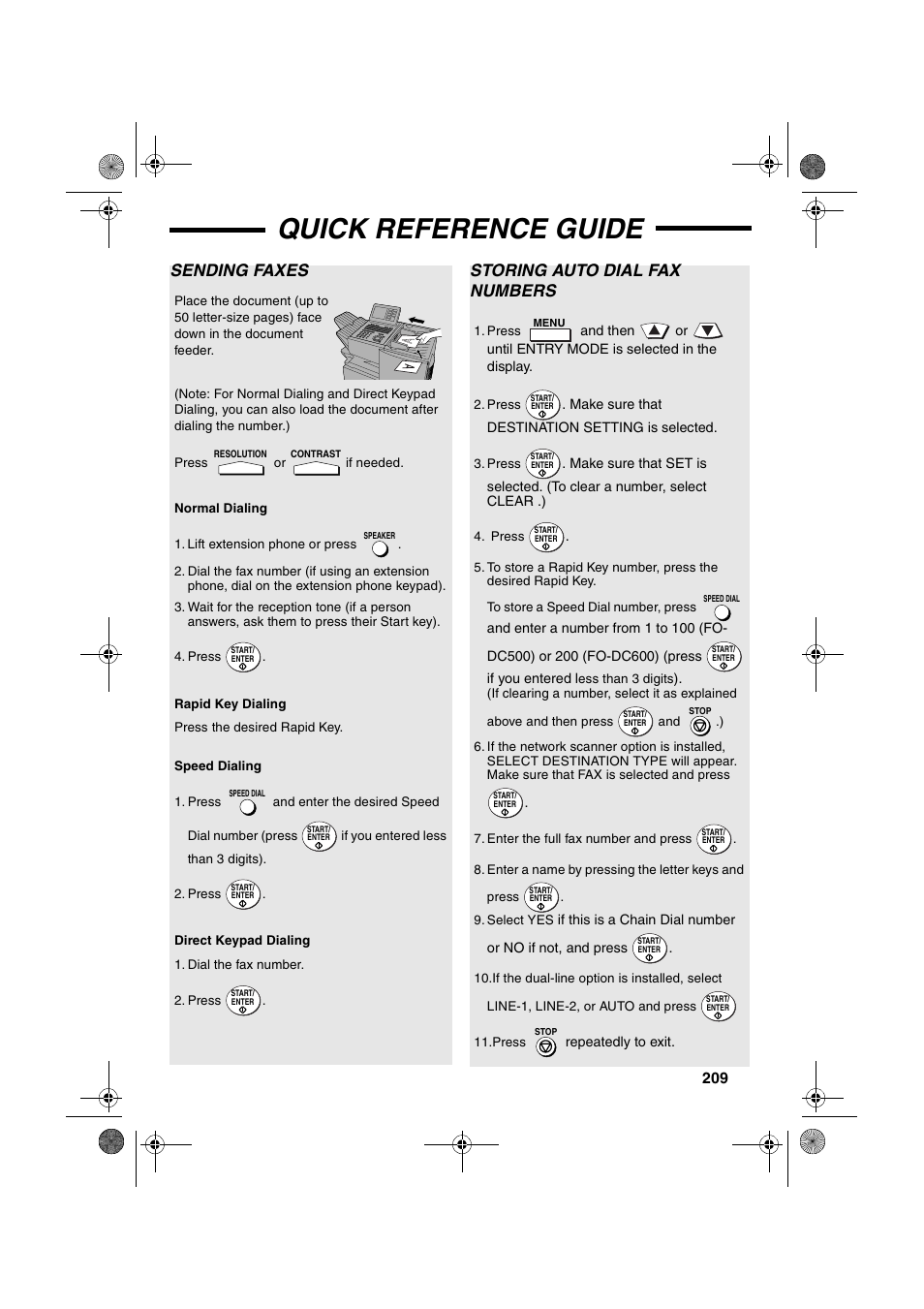 Quick reference guide, Sending faxes, Storing auto dial fax numbers | Sharp FODC600 User Manual | Page 211 / 220