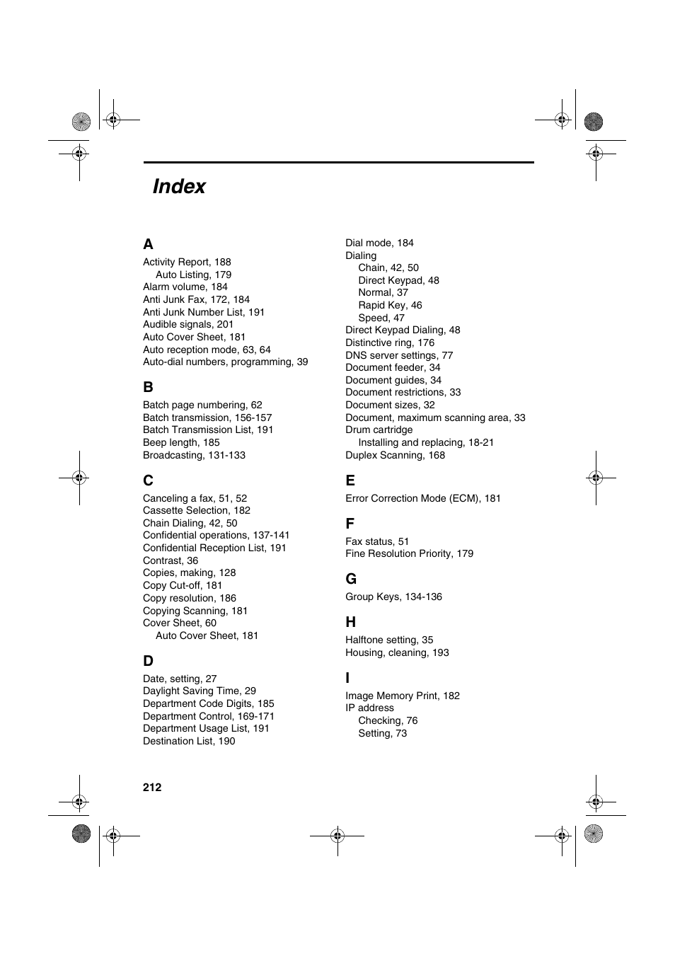 Index | Sharp FODC600 User Manual | Page 214 / 220