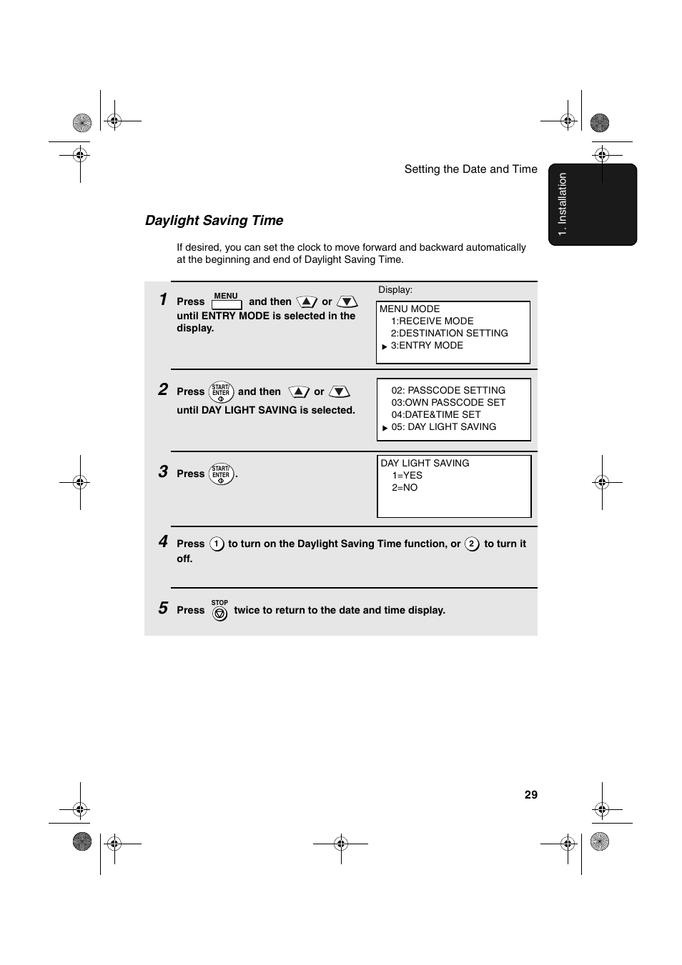 Daylight saving time | Sharp FODC600 User Manual | Page 31 / 220