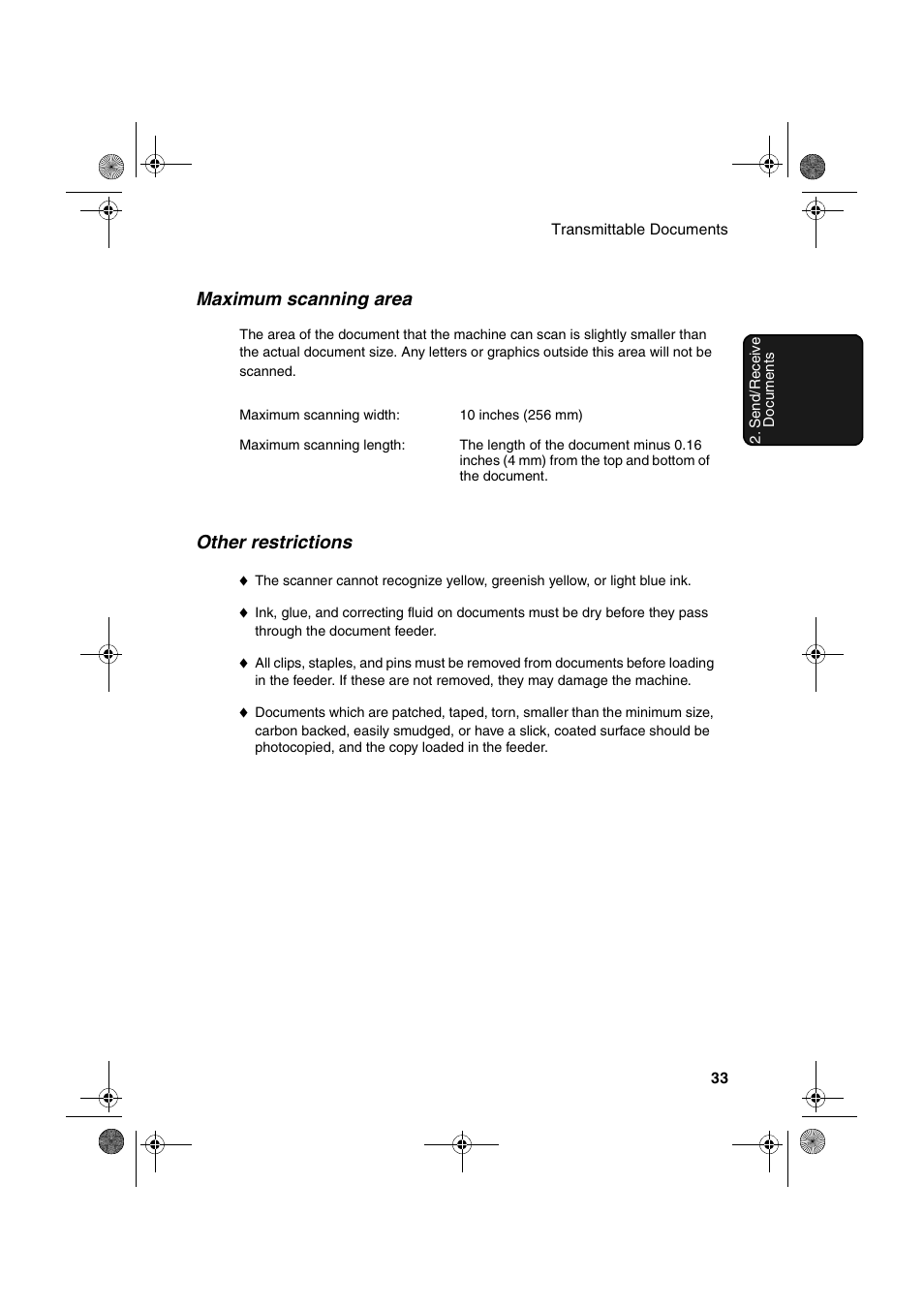 Maximum scanning area, Other restrictions | Sharp FODC600 User Manual | Page 35 / 220