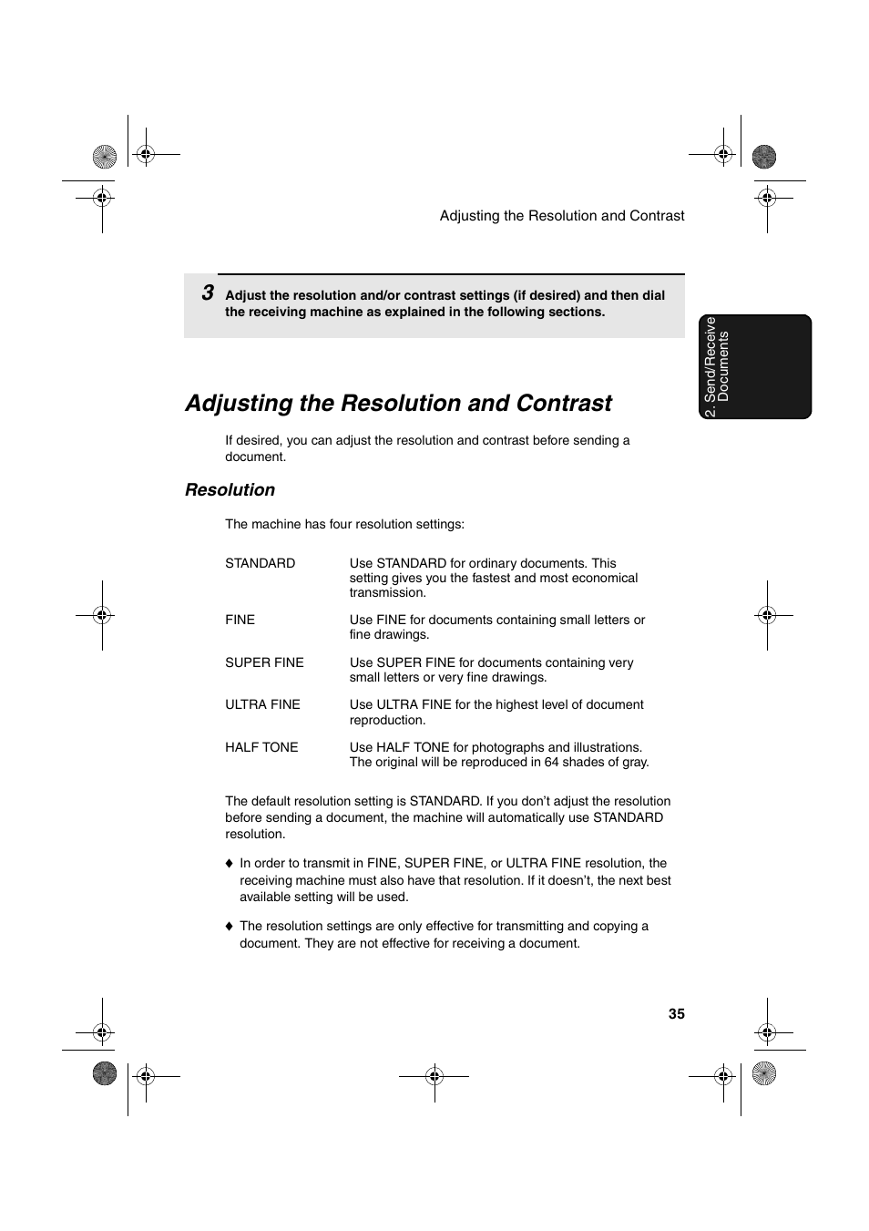 Adjusting the resolution and contrast, Resolution | Sharp FODC600 User Manual | Page 37 / 220