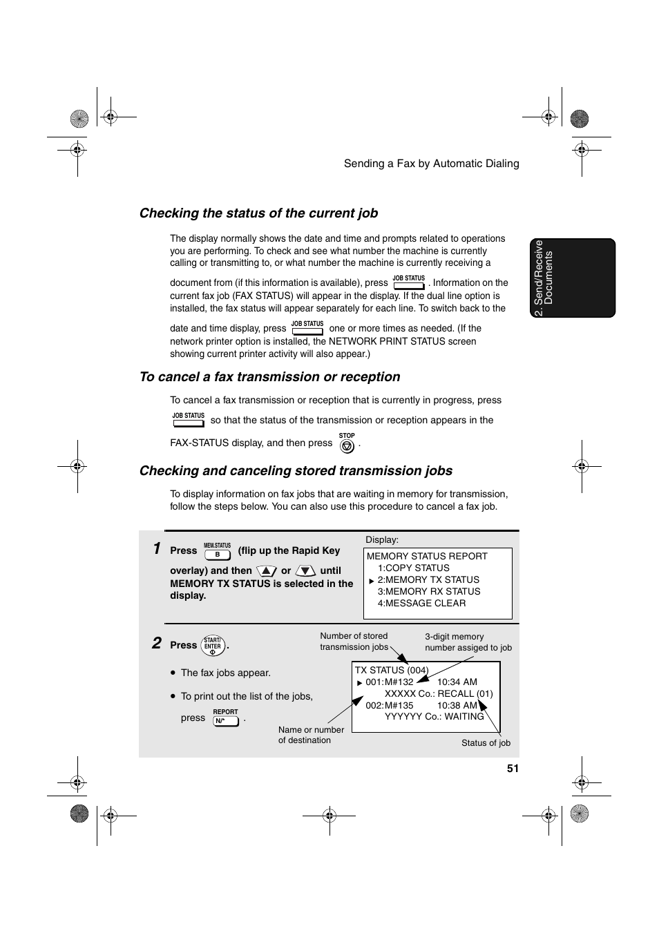 Checking the status of the current job, Checking and canceling stored transmission jobs | Sharp FODC600 User Manual | Page 53 / 220