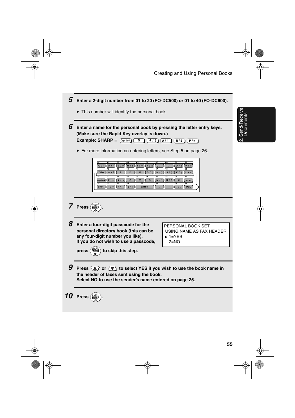This number will identify the personal book, Press | Sharp FODC600 User Manual | Page 57 / 220