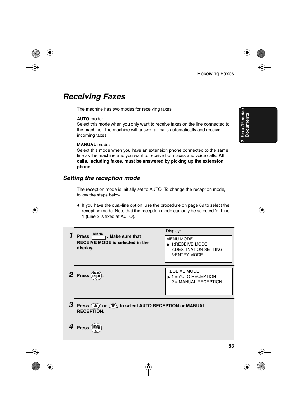 Receiving faxes, Setting the reception mode | Sharp FODC600 User Manual | Page 65 / 220