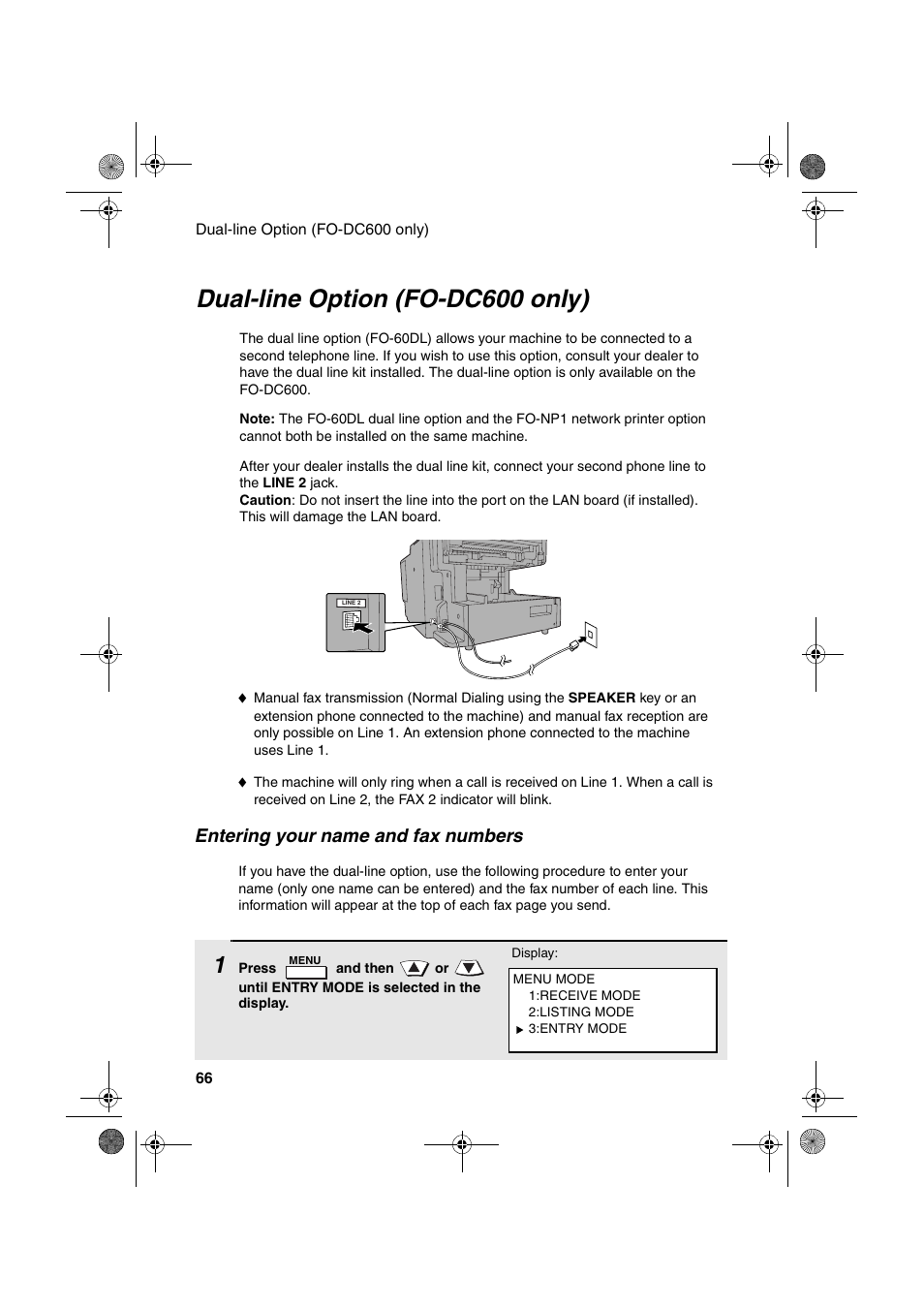 Dual-line option (fo-dc600 only), Entering your name and fax numbers | Sharp FODC600 User Manual | Page 68 / 220