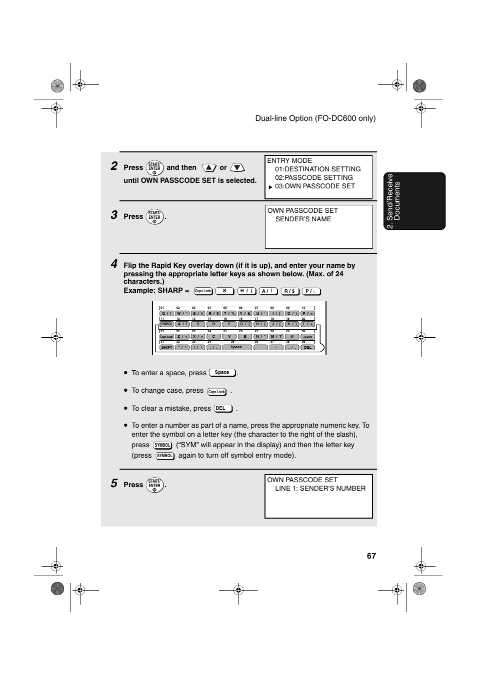 Press, Own passcode set line 1: sender’s number | Sharp FODC600 User Manual | Page 69 / 220