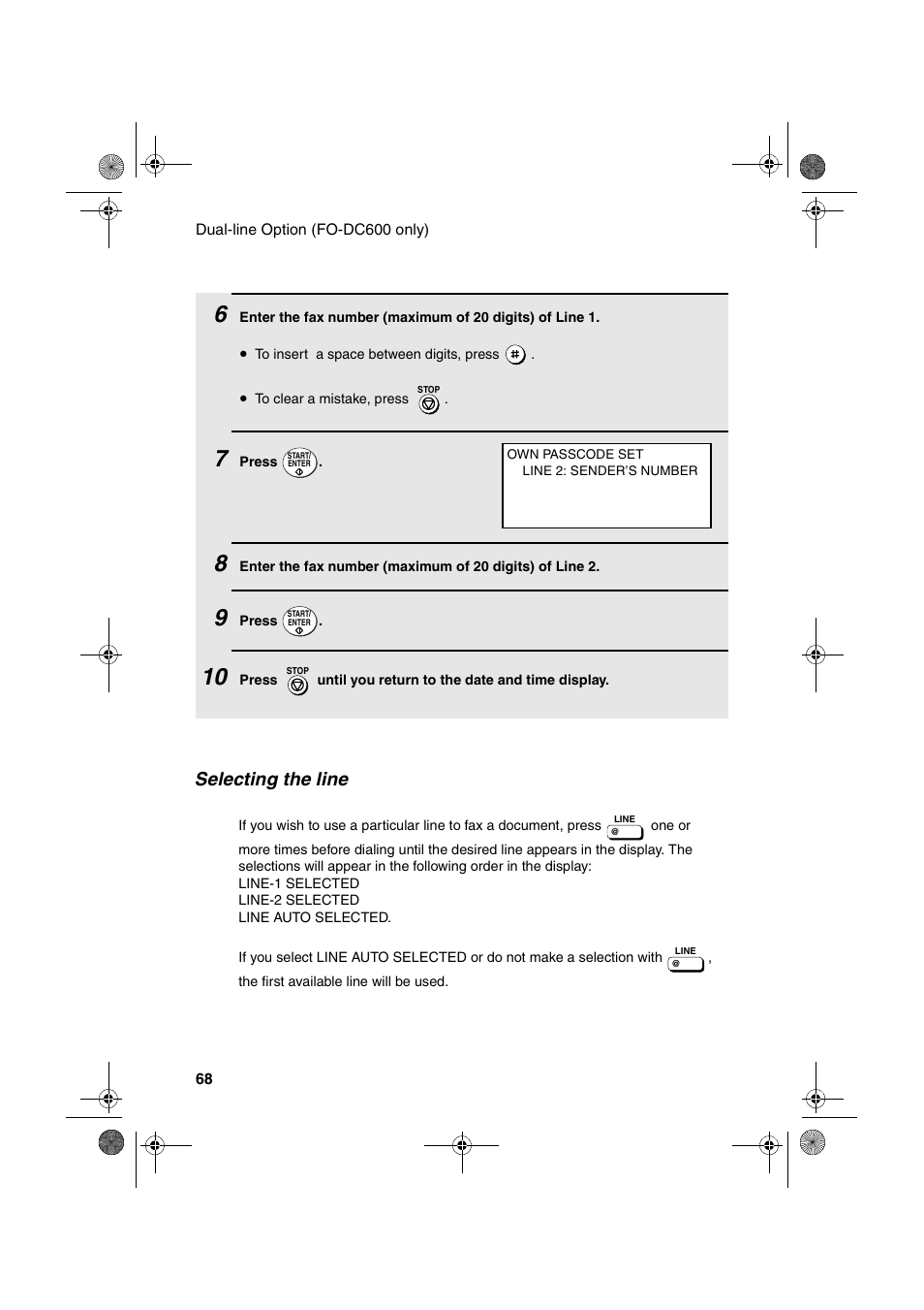 Selecting the line | Sharp FODC600 User Manual | Page 70 / 220