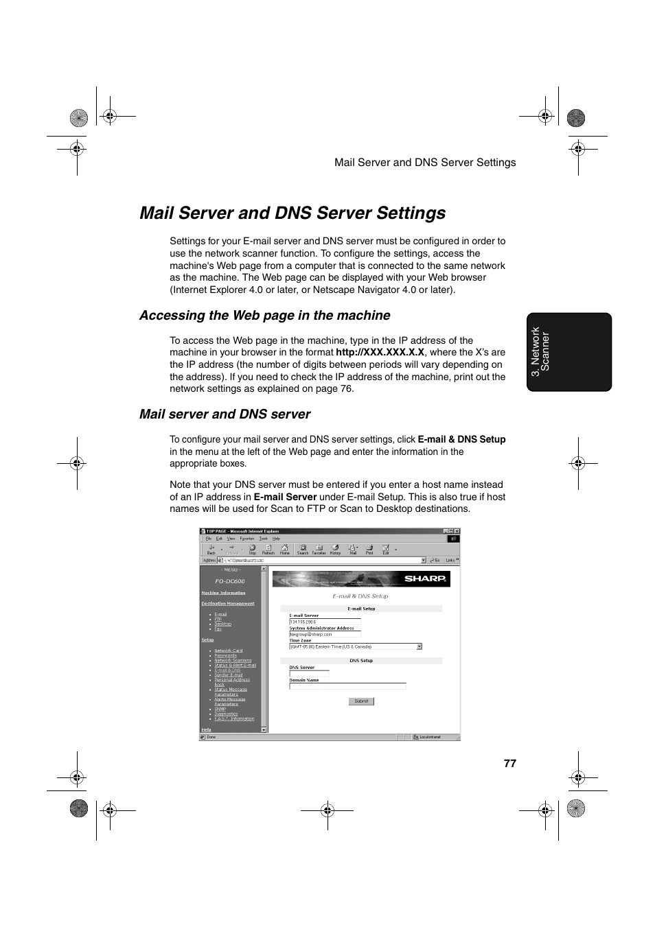 Mail server and dns server settings | Sharp FODC600 User Manual | Page 79 / 220