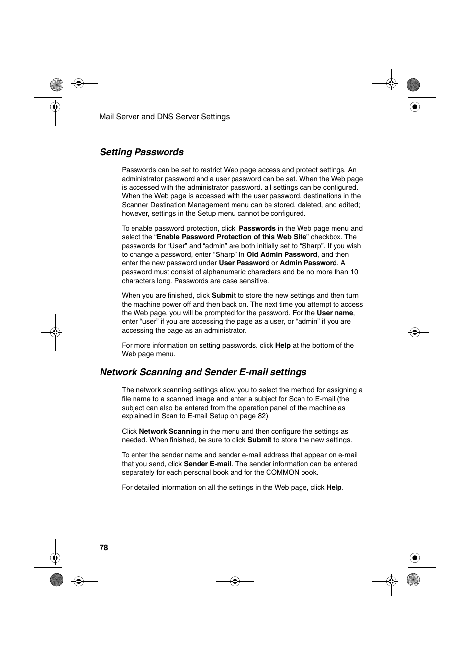 Setting passwords, Network scanning and sender e-mail settings | Sharp FODC600 User Manual | Page 80 / 220