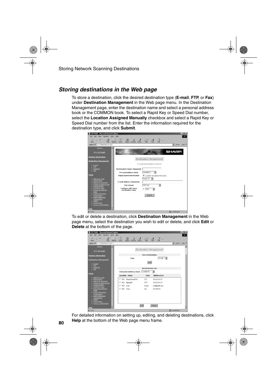 Storing destinations in the web page | Sharp FODC600 User Manual | Page 82 / 220
