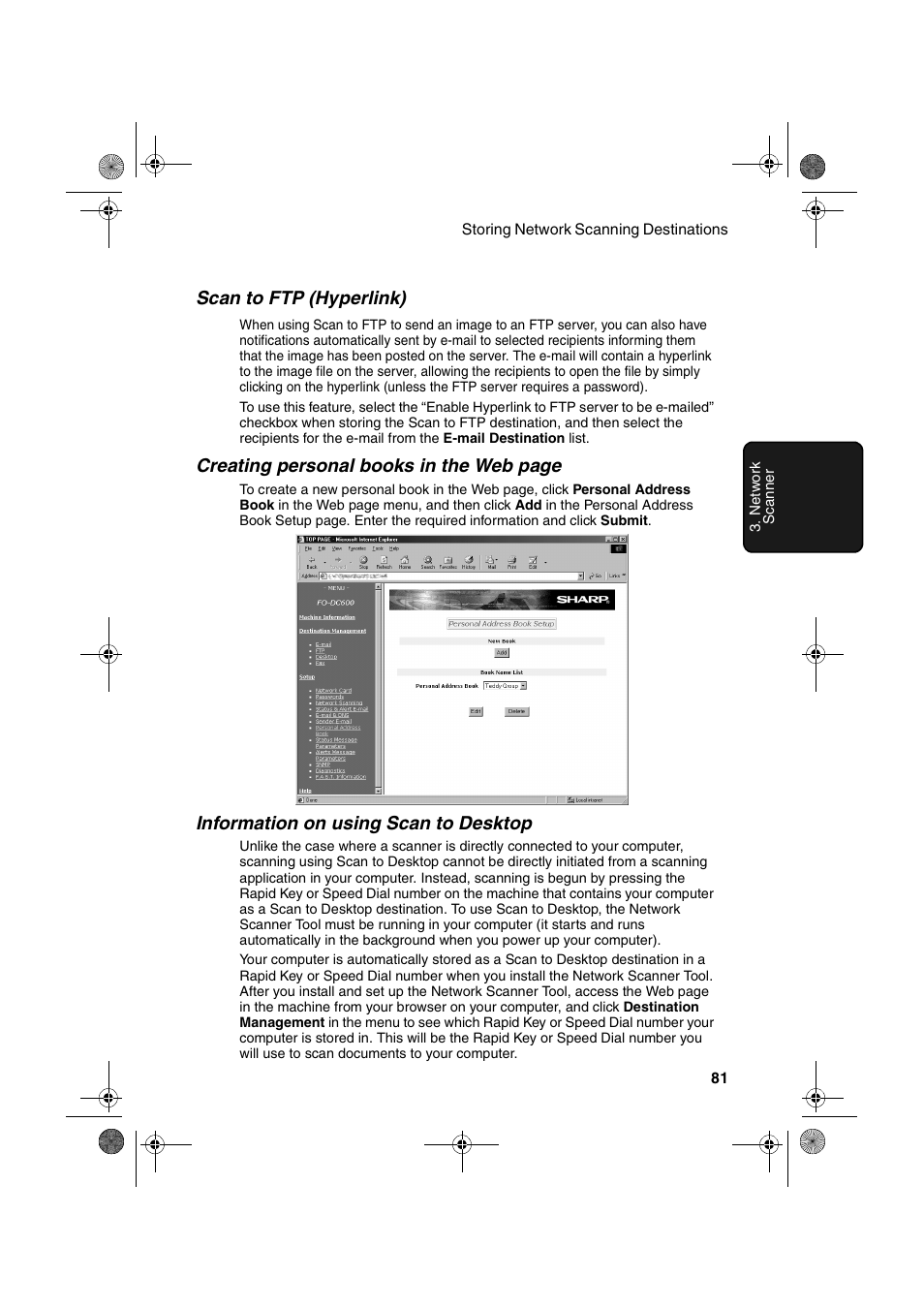 Scan to ftp (hyperlink), Creating personal books in the web page, Information on using scan to desktop | Sharp FODC600 User Manual | Page 83 / 220