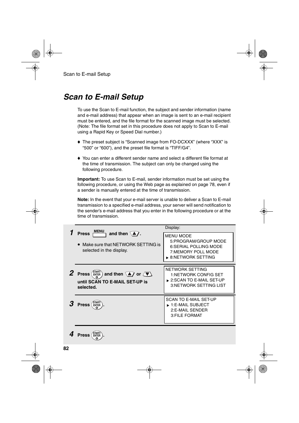 Scan to e-mail setup | Sharp FODC600 User Manual | Page 84 / 220