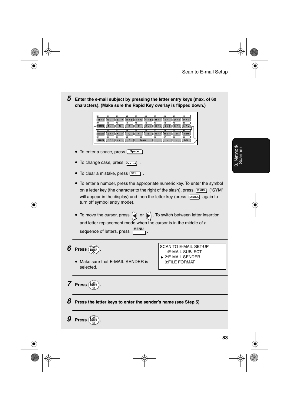 Scan to e-mail setup 83 3. netw or k sc anner, Press, Make sure that e-mail sender is selected | Sharp FODC600 User Manual | Page 85 / 220