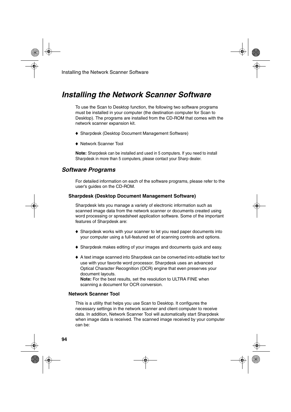 Installing the network scanner software | Sharp FODC600 User Manual | Page 96 / 220