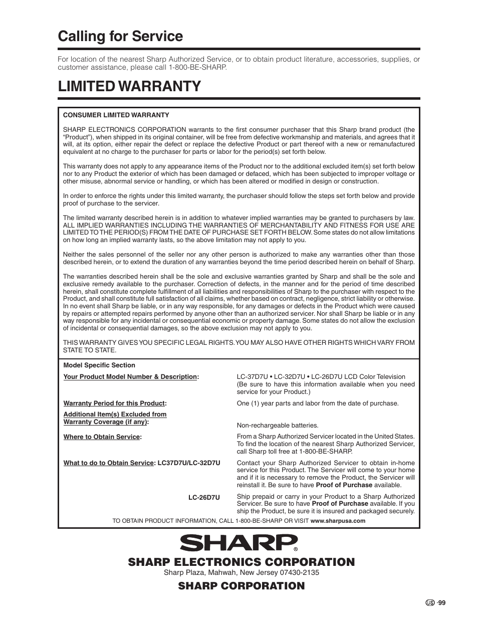 Calling for service, Limited warranty, Sharp electronics corporation | Sharp corporation | Sharp Aquos LC 32D7U User Manual | Page 100 / 101