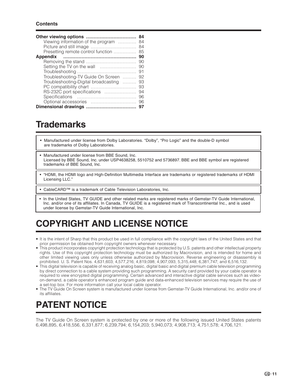 Copyright and license notice, Trademarks, Patent notice | Sharp Aquos LC 32D7U User Manual | Page 12 / 101