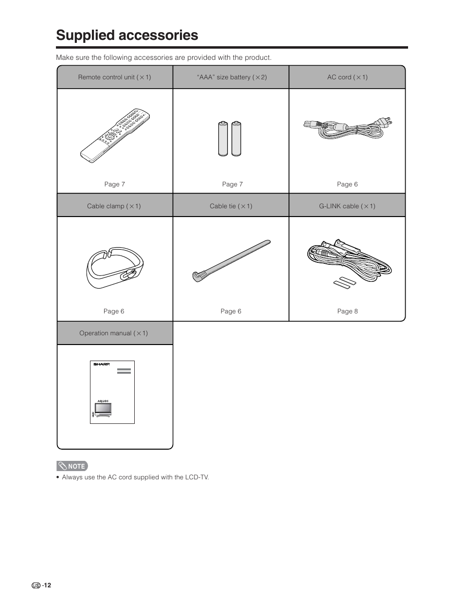 Supplied accessories | Sharp Aquos LC 32D7U User Manual | Page 13 / 101