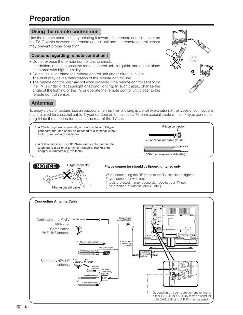 Preparation, Notice, Using the remote control unit | Antennas, Cautions regarding remote control unit | Sharp Aquos LC 32D7U User Manual | Page 17 / 101