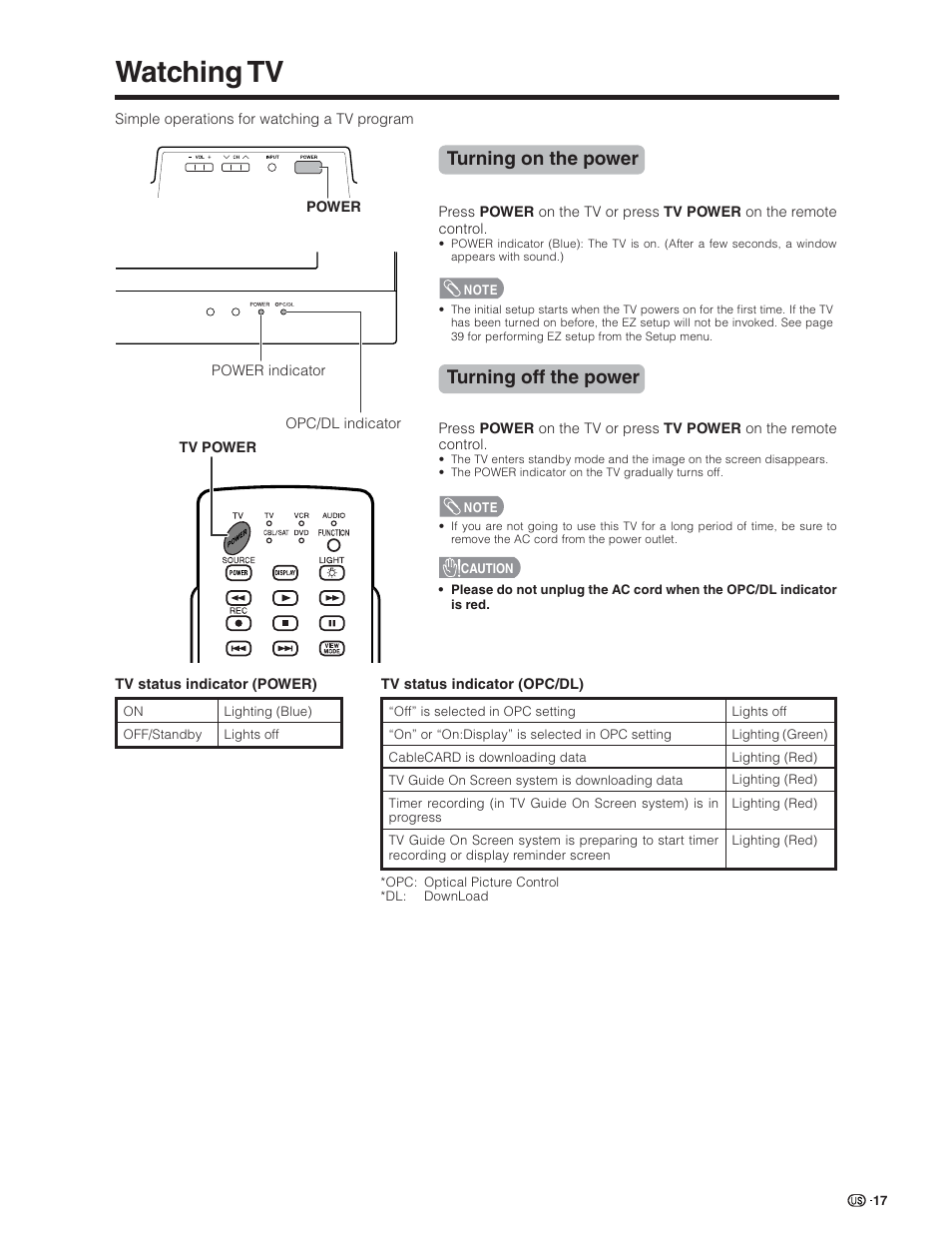 Watching tv, Turning on the power, Turning off the power | Sharp Aquos LC 32D7U User Manual | Page 18 / 101