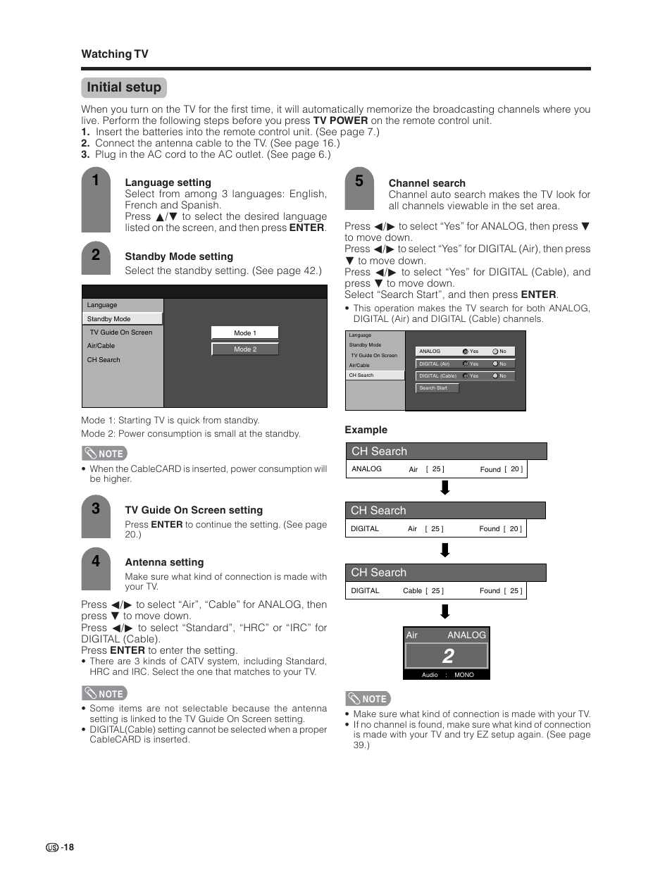 Initial setup, Watching tv, Ch search | Sharp Aquos LC 32D7U User Manual | Page 19 / 101