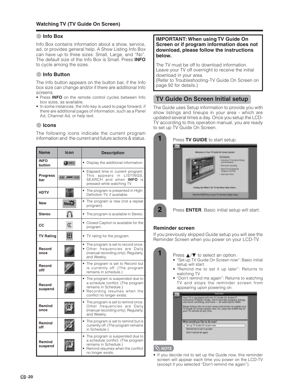 Tv guide on screen initial setup | Sharp Aquos LC 32D7U User Manual | Page 21 / 101