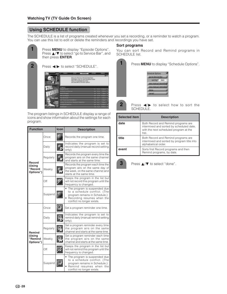 Using schedule function | Sharp Aquos LC 32D7U User Manual | Page 29 / 101