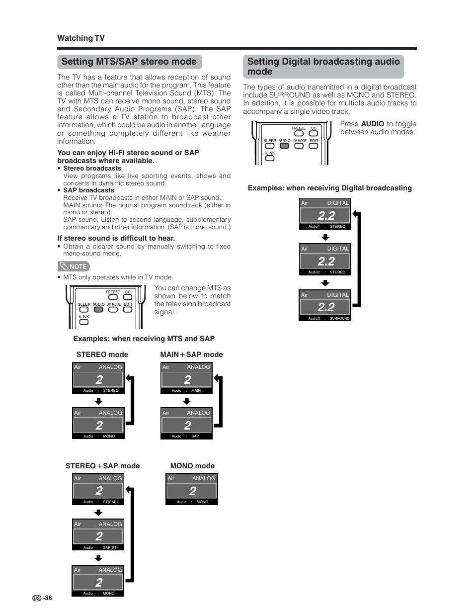 Setting mts/sap stereo mode, Setting digital broadcasting audio mode, Watching tv | Sharp Aquos LC 32D7U User Manual | Page 37 / 101