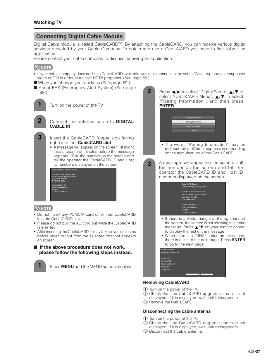 Connecting digital cable module, Watching tv | Sharp Aquos LC 32D7U User Manual | Page 38 / 101