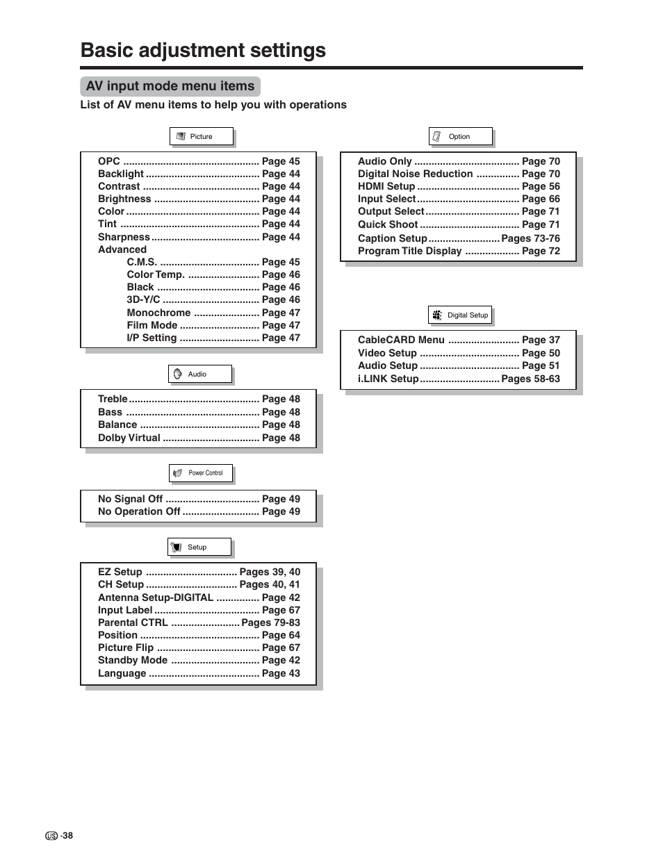 Basic adjustment settings, Av input mode menu items | Sharp Aquos LC 32D7U User Manual | Page 39 / 101