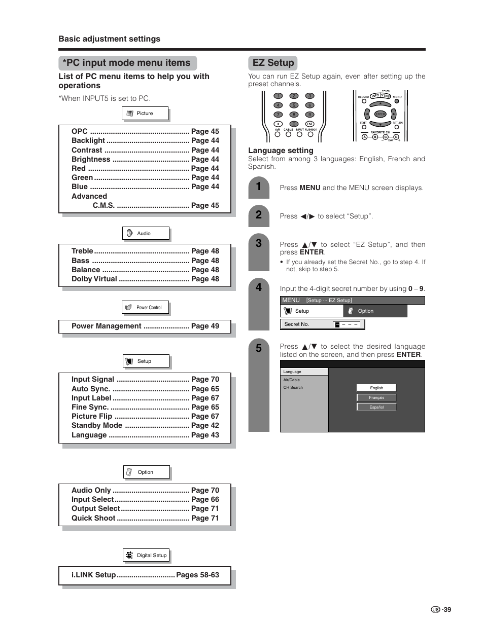 Ez setup, Pc input mode menu items | Sharp Aquos LC 32D7U User Manual | Page 40 / 101