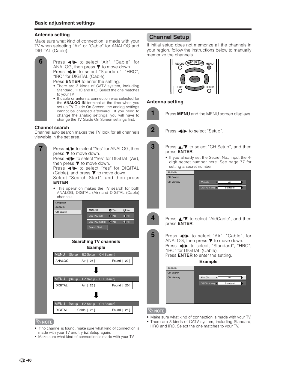 Channel setup, Basic adjustment settings, Antenna setting | Channel search | Sharp Aquos LC 32D7U User Manual | Page 41 / 101