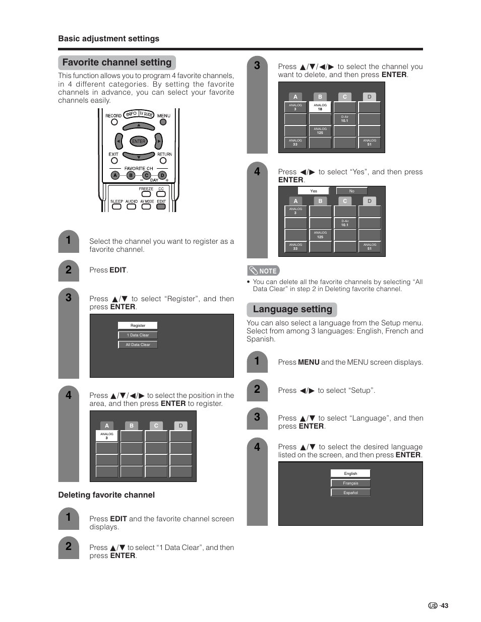 Favorite channel setting, Language setting, Basic adjustment settings | Deleting favorite channel | Sharp Aquos LC 32D7U User Manual | Page 44 / 101