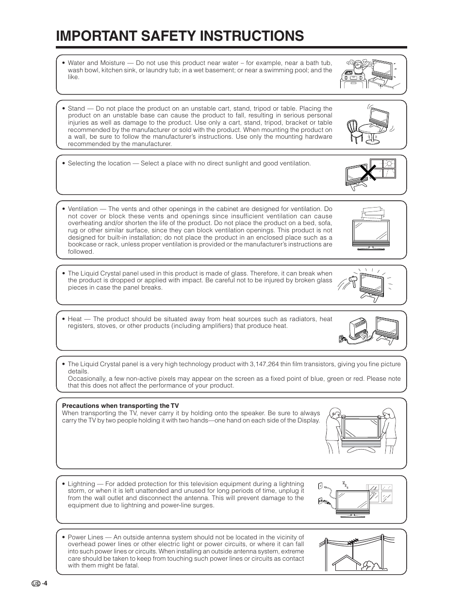 Important safety instructions | Sharp Aquos LC 32D7U User Manual | Page 5 / 101