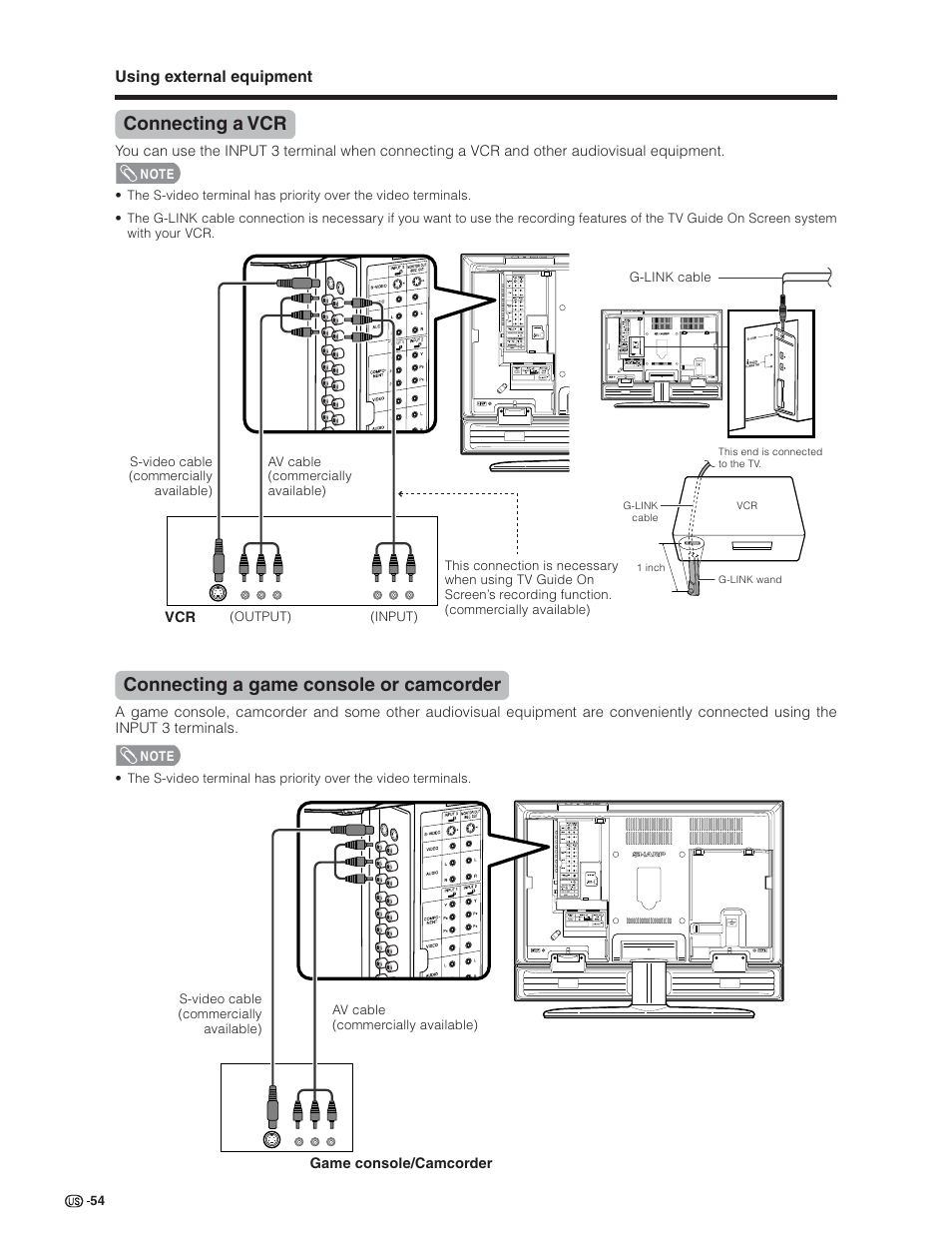 Connecting a vcr, Connecting a game console or camcorder | Sharp Aquos LC 32D7U User Manual | Page 55 / 101
