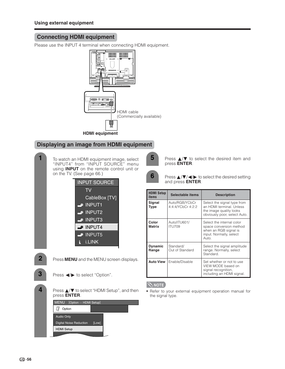 Connecting hdmi equipment, Displaying an image from hdmi equipment | Sharp Aquos LC 32D7U User Manual | Page 57 / 101
