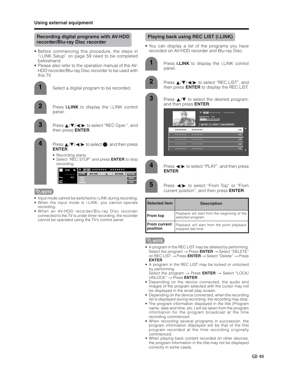 Playing back using rec list (i.link) | Sharp Aquos LC 32D7U User Manual | Page 64 / 101