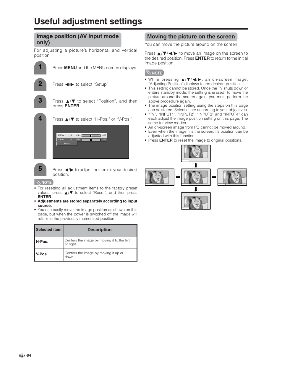 Useful adjustment settings, Image position (av input mode only), Moving the picture on the screen | Sharp Aquos LC 32D7U User Manual | Page 65 / 101