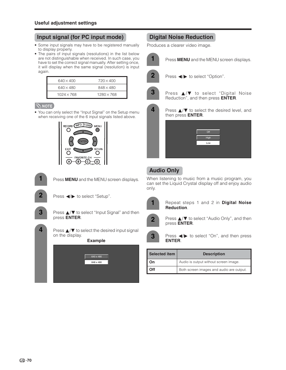 Input signal (for pc input mode), Digital noise reduction, Audio only | Sharp Aquos LC 32D7U User Manual | Page 71 / 101