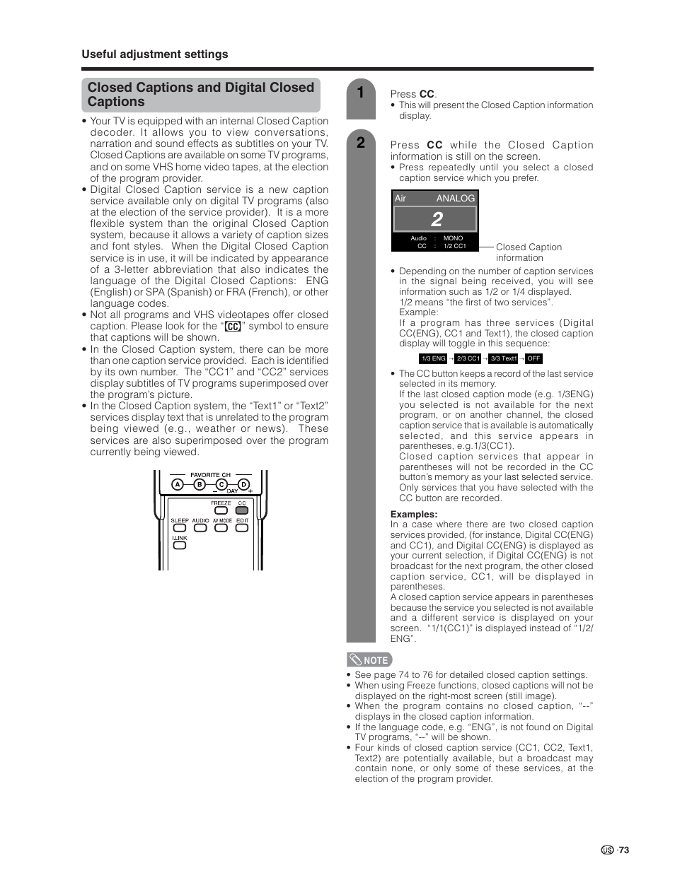 Closed captions and digital closed captions | Sharp Aquos LC 32D7U User Manual | Page 74 / 101