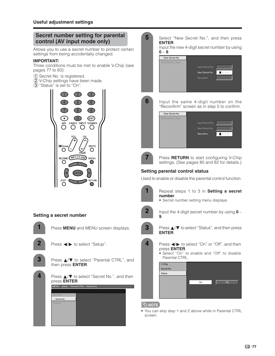 Useful adjustment settings, Setting parental control status, Setting a secret number | Sharp Aquos LC 32D7U User Manual | Page 78 / 101