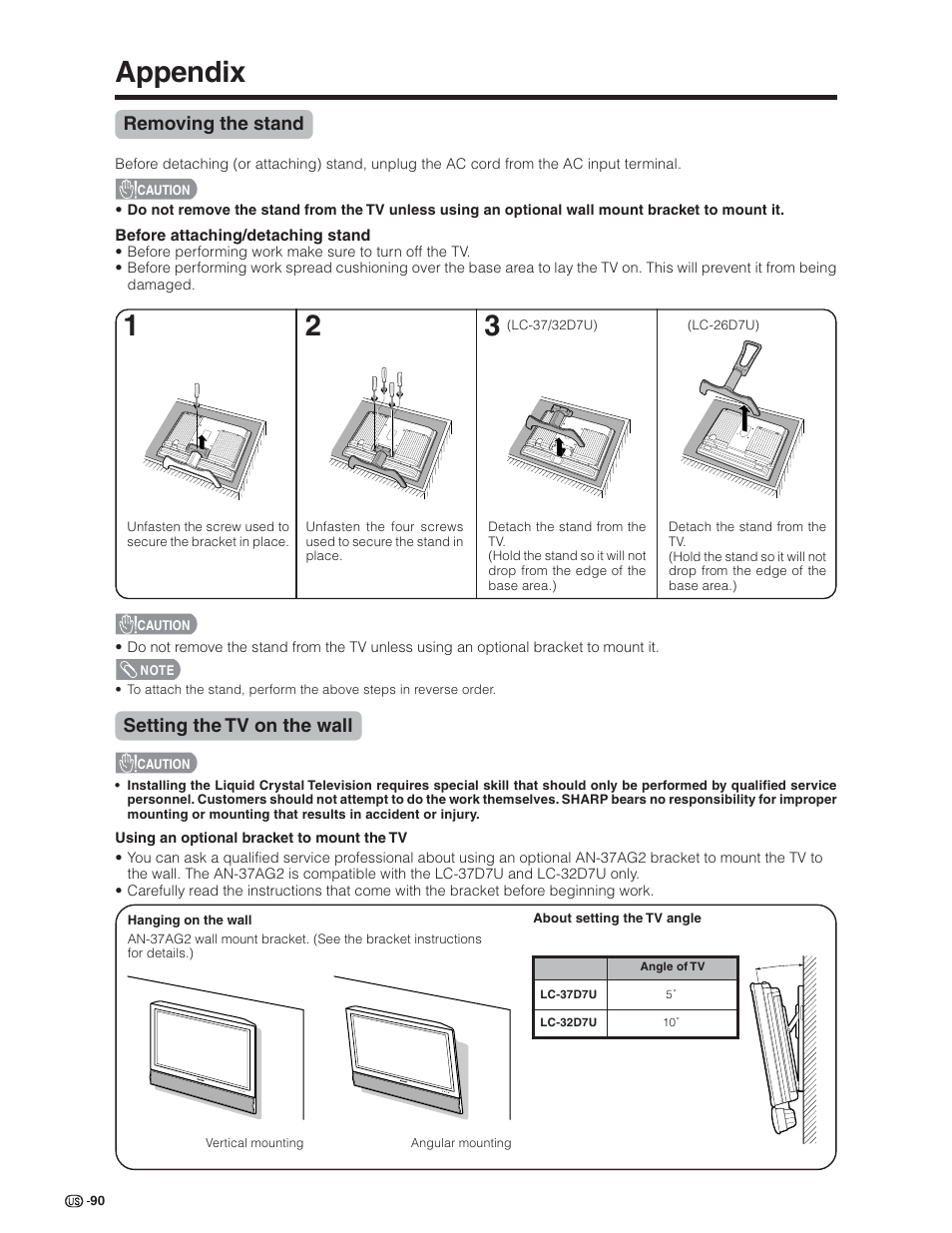 Appendix, Removing the stand, Setting the tv on the wall | Sharp Aquos LC 32D7U User Manual | Page 91 / 101
